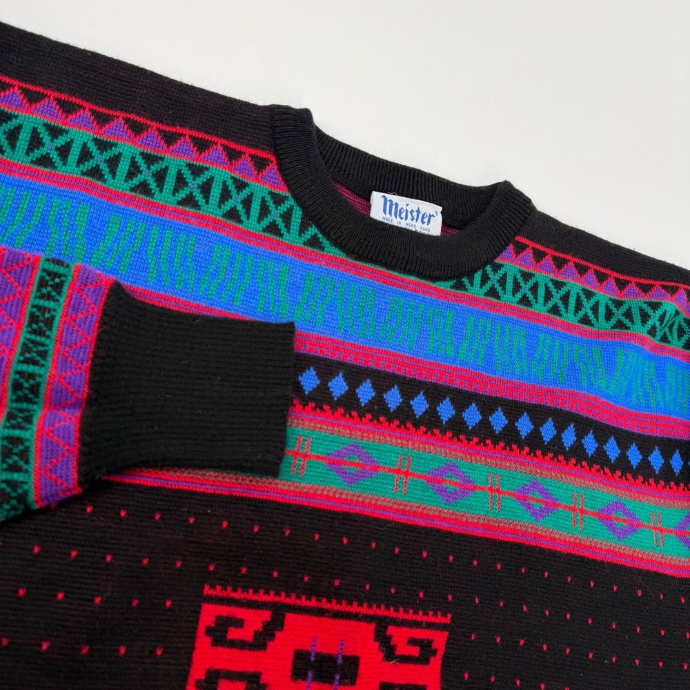 Vintage Meister Mens Retro Aztec Sweater XL Wool Acrylic Black Multi Grandpacore